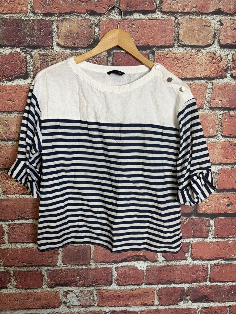 Zara Womens  Linen Viscose Blend Striped Blouse Blue White Small